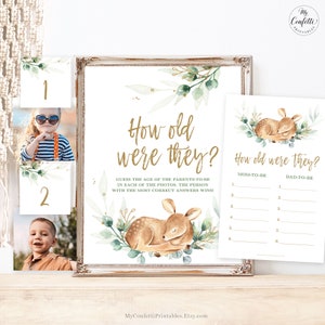 How Old Were the Parents to Be Game Sign, Cards and Numbers, Printable, Game, Boy Baby Shower, Baby Deer, Greenery, MCP840