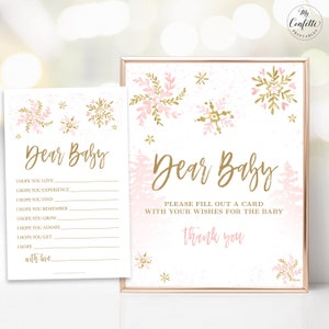 Dear Baby Sign and Cards, Wishes for Baby Shower Game, Girl Baby Shower Party Games, Winter Snowflake, Pink, MCP842