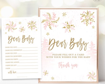 Dear Baby Sign and Cards, Wishes for Baby Shower Game, Girl Baby Shower Party Games, Winter Snowflake, Pink, MCP842