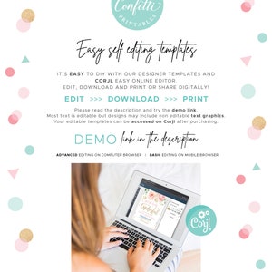 May include: A laptop displaying a wedding invitation template with floral accents. The image features text that reads "Easy self editing templates" and "Edit, Download, Print". The website address myconfettiprintables.etsy.com is also visible.
