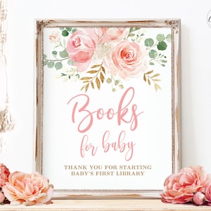 Books for Baby Sign, Printable Baby Shower Book for Baby Sign, Books for Babies, Baby&#39;s Library, Blush Pink Floral, Boho, Girl, MCP820