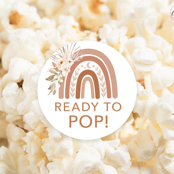 Boho Rainbow "Ready to Pop!" Favor Label or Tag, Printable Popcorn Favor Tag or Label, Cupcake Topper, Round, Baby Shower, MCP90, CJB