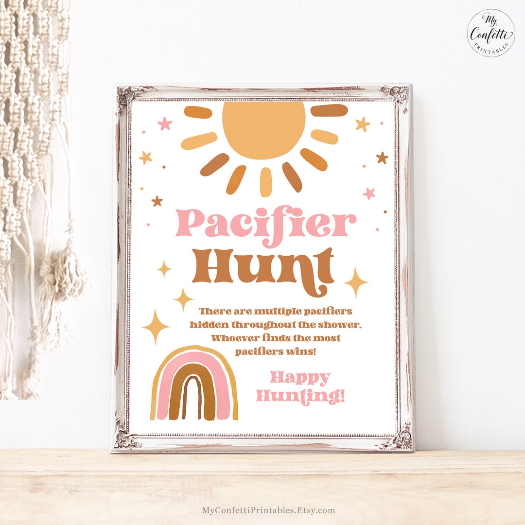 Pacifier Hunt Game Sign, Printable Baby Shower Sign, Sunshine, Rainbow ...