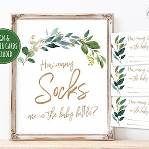 How Many Socks are in the Baby Bottle? Sign and Answer Cards, Printable Baby Shower Game, Greenery, MCP813, MCP814