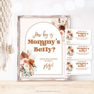 How Big is Mommy's Belly Game, Printable Baby Shower Game Sign and Cards, Pampas, Floral, Boho, Retro, Terracotta, Girl or Boy, MCP112