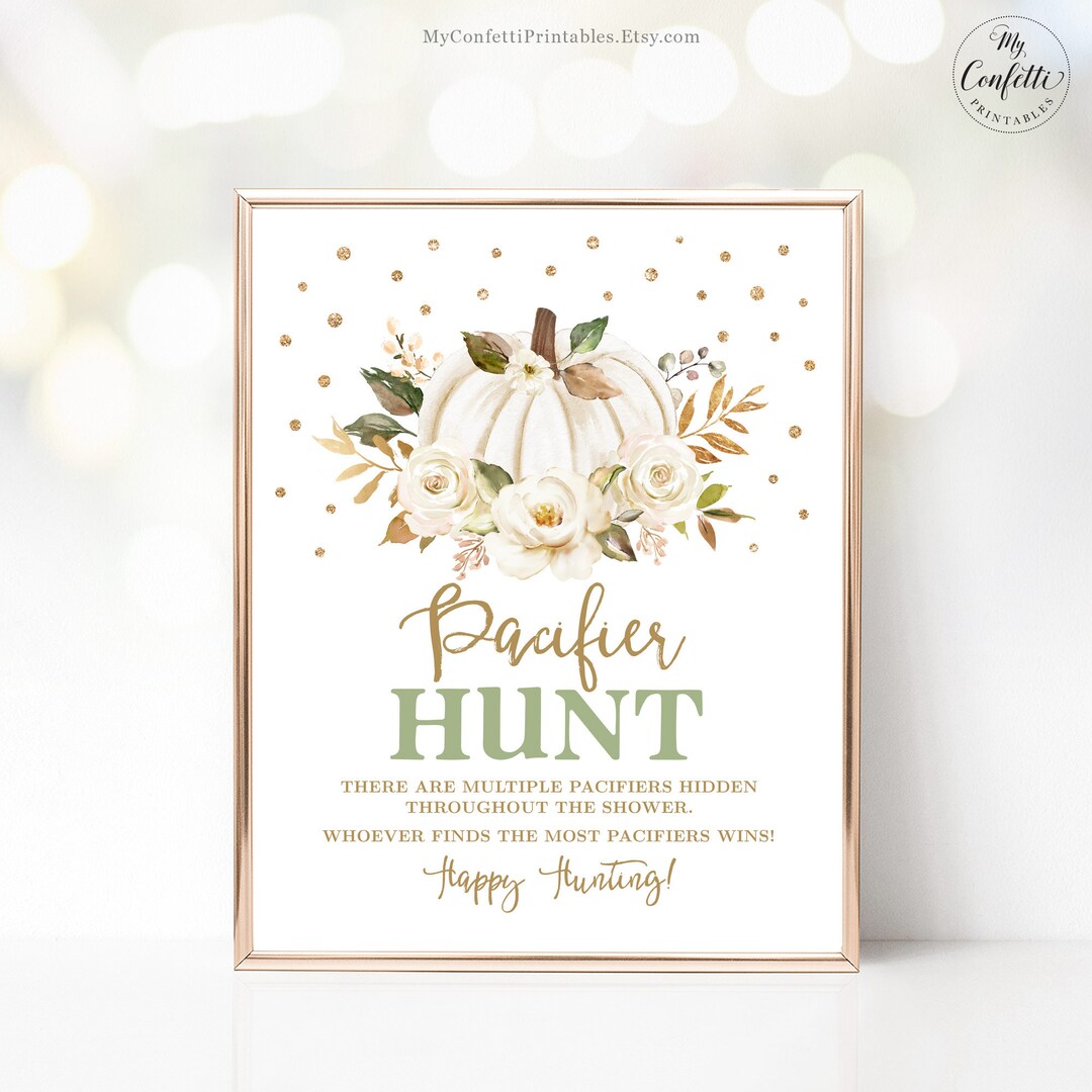 Pacifier Hunt Game Sign, Printable Baby Shower Game Sign, White Pumpkin ...