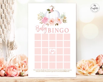 Printable Baby Bingo Game, Baby Shower Game, Girl Baby Shower Party Games, Pumpkin, Fall, Autumn, Pink, MCP826