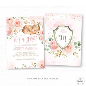 May include: Pink and gold baby shower invitation with a floral design and a fawn with a floral crown. The text reads "it's a girl!" and "Audrey Madison".