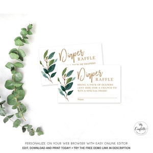 Greenery Baby Shower Diaper Raffle Tickets, Printable Diaper Raffle Ticket, Neutral, Girl or Boy, Green, Gold, Modern, MCP813, MCP814, CJB