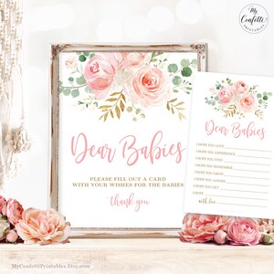 TWINS Dear Babies, Wishes for Babies Game Sign & Cards, Printable Twins Baby Shower, Blush Pink Floral, Girls, Baby Shower Games, MCP820