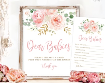 TWINS Dear Babies, Wishes for Babies Game Sign & Cards, Printable Twins Baby Shower, Blush Pink Floral, Girls, Baby Shower Games, MCP820