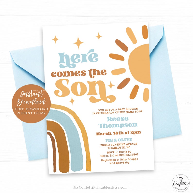 Here Comes the Son Baby Shower Invitation Template Editable Boy Sunshine Rainbow Retro Sun Blue Terracotta MCP101 CJB