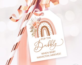 Boho Rainbow Baby Shower Champagne Tags, Printable Champagne Bottle Favor Tag Template, Pop the Bubbly, Peachy Pink, Girl, MCP103, CJB