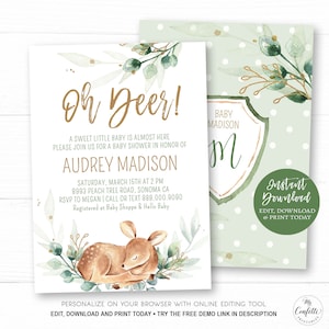 Baby Shower Invitation, Printable Boy Baby Shower Invitation, EDITABLE Invitation Template, Boy, Baby Deer, Oh Deer!, MCP840, CJB