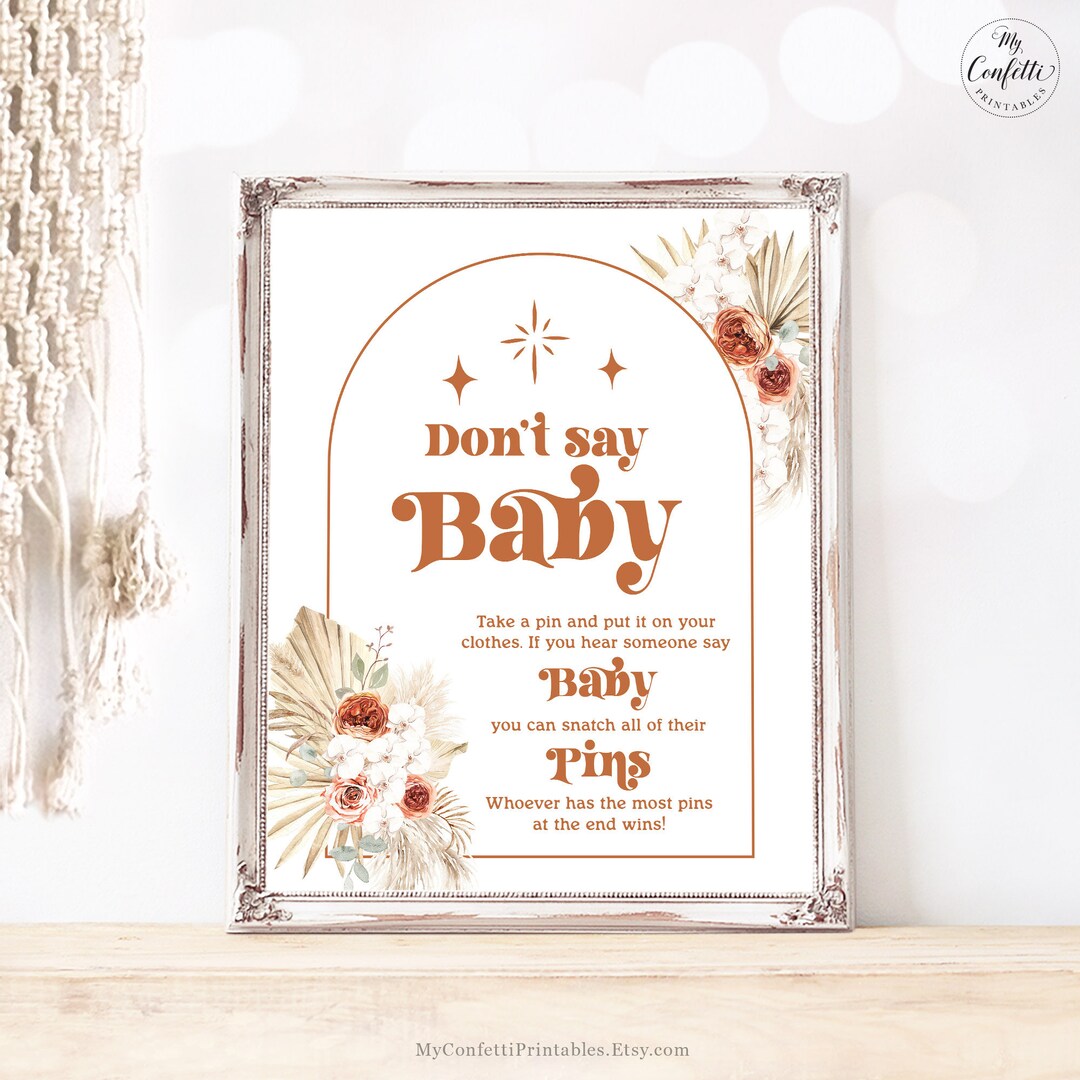 Don't Say Baby Game Sign, Printable Baby Shower Game Sign, Pampas, Palm ...