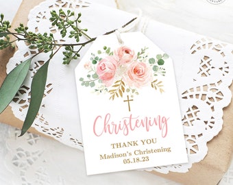 Editable First Christening Favor Tag Template, Printable Christening Favor Tags, DIY, Blush Pink Floral, MCP830, CJB