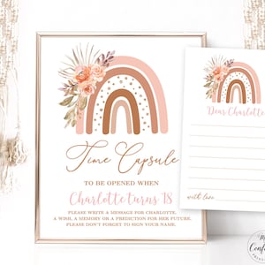 Time Capsule Sign and Message Cards, Editable Girl Birthday Time Capsule Sign, Pink Boho Rainbow, Terracotta, MCP88, CJB