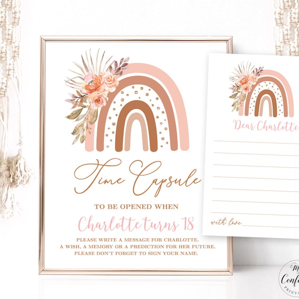 Time Capsule Sign and Message Cards, Editable Girl Birthday Time Capsule Sign, Pink Boho Rainbow, Terracotta, MCP88, CJB