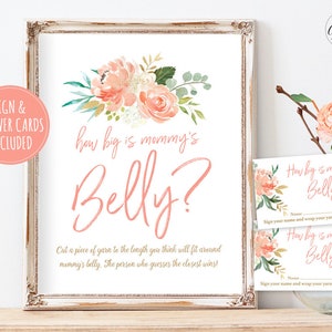 Baby Shower Game Sign and Answer Cards, How Big is Mommy's Belly?, Printable Baby Shower Game, Peach Blush Floral, MCP808
