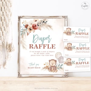 Diaper Raffle Sign and Cards, Printable Baby Shower Diaper Raffle Tickets & Sign, Boho Bear, Pampas, Boy Baby Shower, Baby Sprinkle, MCP108