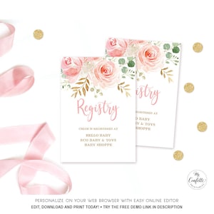 Blush Pink Floral Gift Registry Card, Girl Baby Shower Registry Card, Gold, Boho, MCP820, CJB