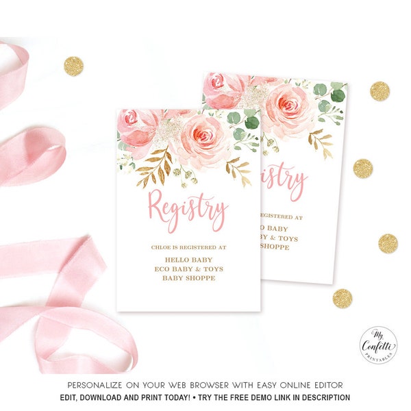 Blush Pink Floral Gift Registry Card, Girl Baby Shower Registry Card, Gold, Boho, MCP820, CJB