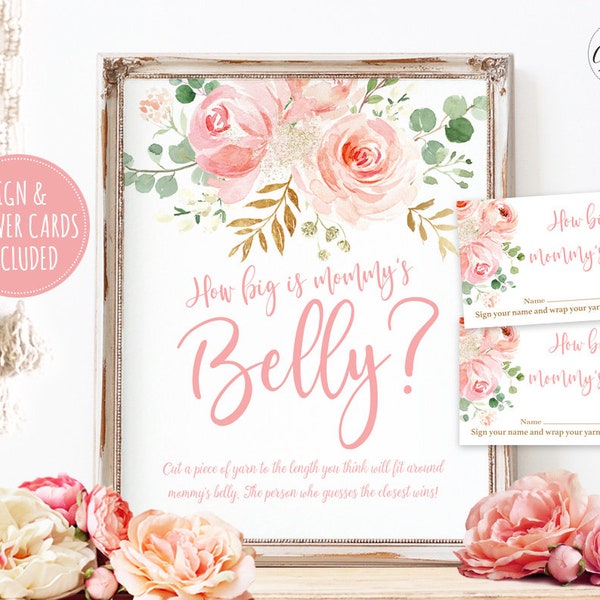 Baby Shower Game Sign and Answer Cards, How Big is Mommy's Belly? Printable Baby Shower Game, Blush Pink Floral, Boho, Girl, MCP820