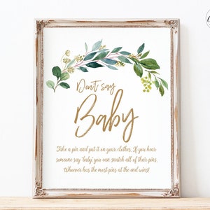 Don&#39;t Say Baby Printable Baby Shower Game Sign, Greenery Baby Shower Game Sign, Baby Shower Activities, Neutral, Greenery, MCP813, MCP814