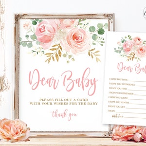 Dear Baby, Wishes for Baby Shower Game Sign & Cards, Printable Game, Blush Pink Floral, Gold, Girl Baby Shower Party Games, MCP820