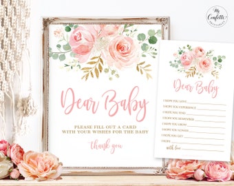 Dear Baby, Wishes for Baby Shower Game Sign & Cards, Printable Game, Blush Pink Floral, Gold, Girl Baby Shower Party Games, MCP820