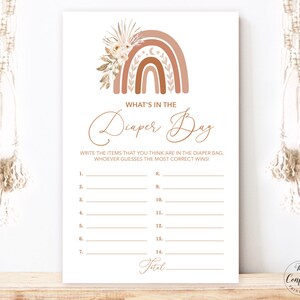 What's in the Diaper Bag Game, Printable Baby Shower Game Card, Gender Neutral Baby Shower Game, Boho Rainbow, MCP90