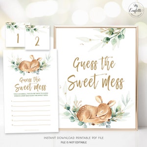 Guess the Sweet Mess Game Sign, Cards and Numbers, Printable Baby Shower Activity, Game, Boy Baby Shower, Baby Deer, Greenery, MCP840