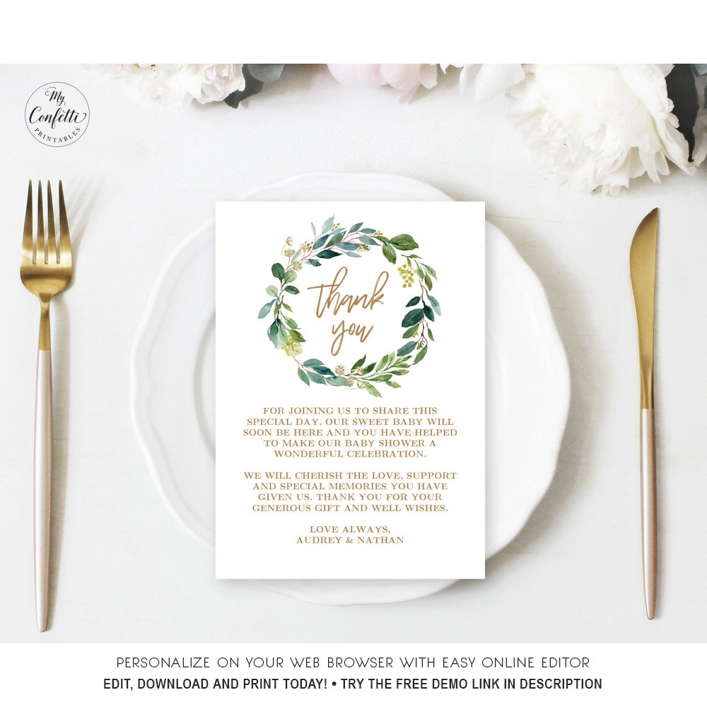EDITABLE Thank You Note Card, Modern Greenery Printable Thank You