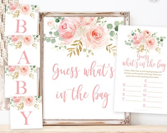 Guess What's in the Bag Baby Shower Game, Printable Baby Shower Game Sign, Girl, Boho, Blush Pink Floral, Gold, MCP820