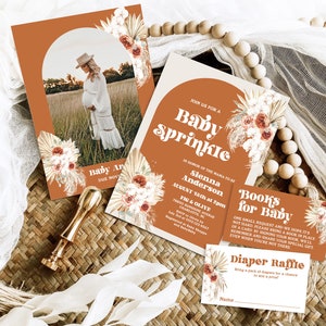 Boho Baby Sprinkle Invitation Bundle, Editable Baby Sprinkle Template, Pampas, Palm, Arch, Terracotta, Boy, Girl, Printable, MCP111, CJB