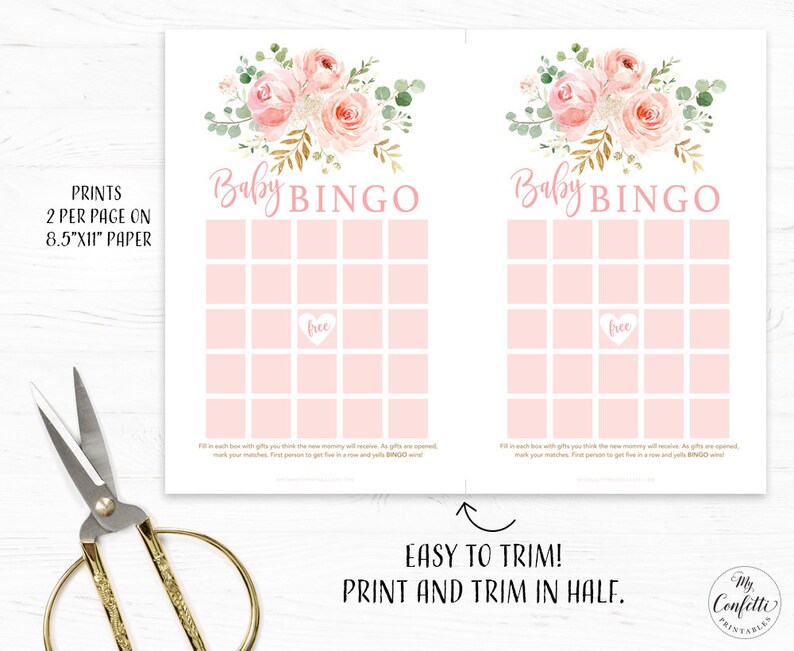 May include: Two pink and white baby shower bingo cards with floral illustrations and gold accents. The cards are printed on 8.5" x 11" paper and can be trimmed in half.