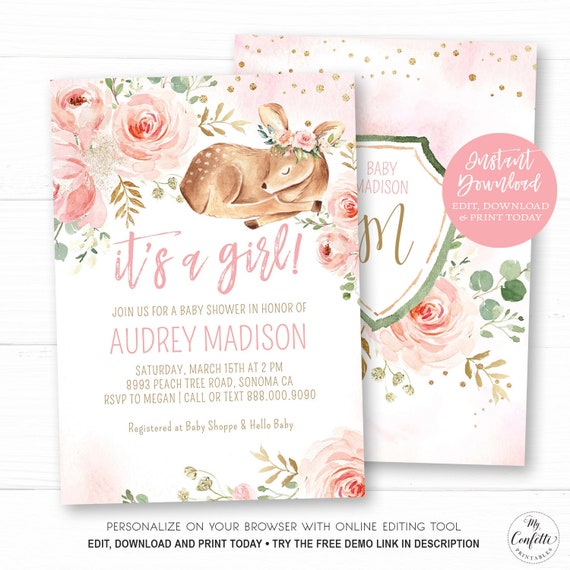 Girl Baby Shower Invitation, Printable Baby Shower Invitation, EDITABLE Template, Blush Pink, Baby Deer, It's a Girl!, MCP838, CJB