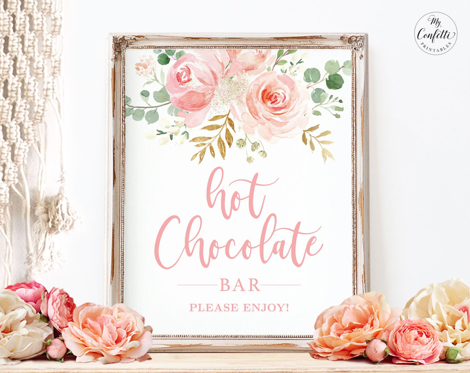 Hot Chocolate Bar Sign, Printable Hot Chocolate Sign, Blush Pink Floral, Girl Baby Shower, Birthday, MCP820, MCP821, MCP822, MCP823, MCP824
