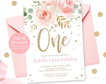 EDITABLE Blush Pink Floral Baby's First Birthday Party Invitation, Printable Baby 1st Birthday Template, Glitter, Girl, One, MCP821, CJB