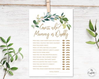 Baby Shower Game, Guess Who? Mommy or Daddy Printable Baby Shower Game, Greenery, Neutral, Green and Gold, MCP813, MCP814