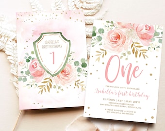 EDITABLE Blush Pink Floral Baby&#39;s First Birthday Party Invitation, Printable Baby 1st Birthday Invitation Template, Girl, One, MCP821, CJB
