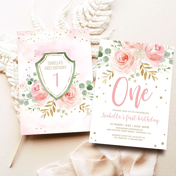 EDITABLE Blush Pink Floral Baby's First Birthday Party Invitation, Printable Baby 1st Birthday Invitation Template, Girl, One, MCP821, CJB