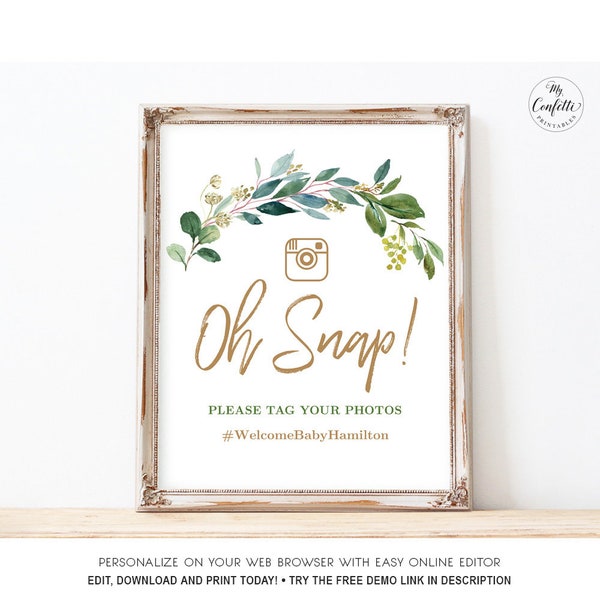 Oh Snap Hashtag Sign, Printable Baby Shower or Birthday Hashtag Sign, Greenery, Neutral, Boy, Girl, MCP813, MCP814, MCP815, MCP825, CJB