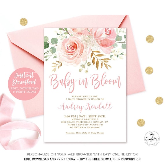 editable invitation, baby in bloom baby shower invitation girl, printable  invitation template, blush pink floral, gold, mcp820, cjb