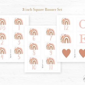 May include: A set of 3 inch square printable banners featuring a rainbow design with floral accents. The banners include the letters "O" and "E" and numbers 1 through 12.