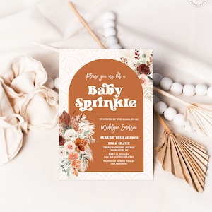 Editable Baby Sprinkle Invitation Template, Printable, Invite, Boho Floral, Pampas, Arch, Terracotta, Rust Orange, Boy, Girl, MCP112, CJB