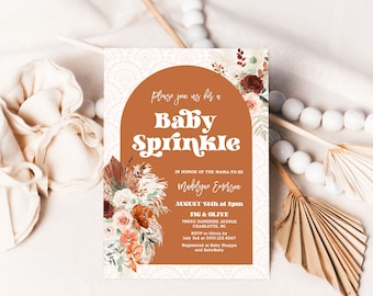 Editable Baby Sprinkle Invitation Template, Printable, Invite, Boho Floral, Pampas, Arch, Terracotta, Rust Orange, Boy, Girl, MCP112, CJB