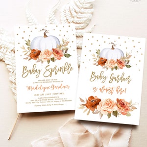 May include: A printable baby shower invitation with a white pumpkin and orange and peach flowers. The text reads "Baby Sprinkle" and "Please join us for a baby sprinkle in honor of Madelyne Gardner".