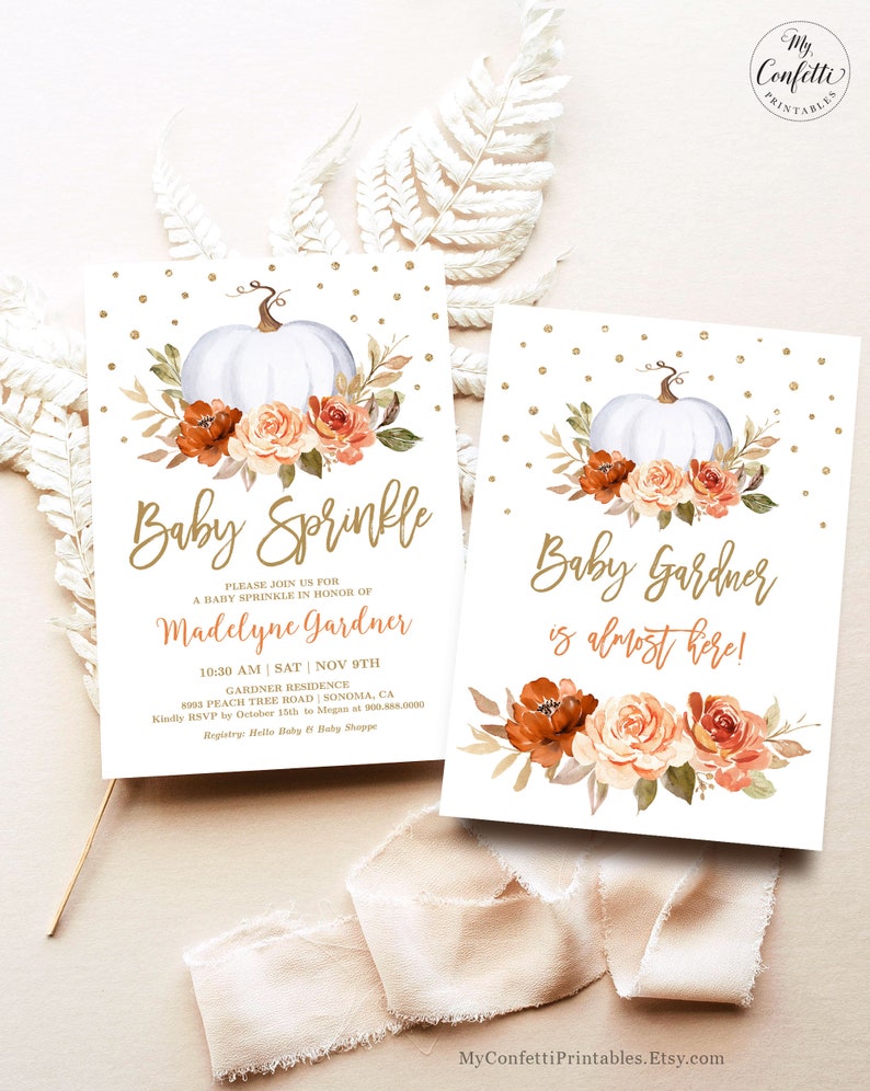 May include: A printable baby shower invitation with a white pumpkin and orange and peach flowers. The text reads "Baby Sprinkle" and "Please join us for a baby sprinkle in honor of Madelyne Gardner".