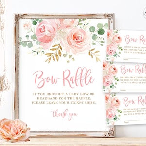 Blush Pink Floral Baby Shower Bow Raffle Sign and Raffle Tickets, Printable Baby Shower Bow Raffle Set, Boho, Girl, MCP820, CJB